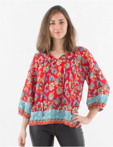 Blusa poliester mangas 3/4 estampado holi flower