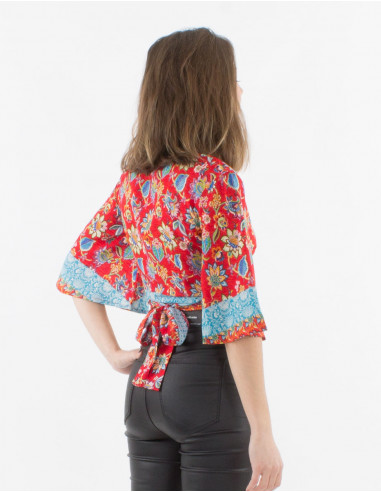 Top poliester mangas cortas estampado holi flower