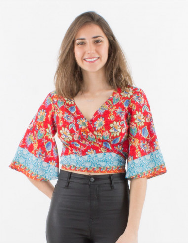 Top poliester mangas cortas estampado holi flower