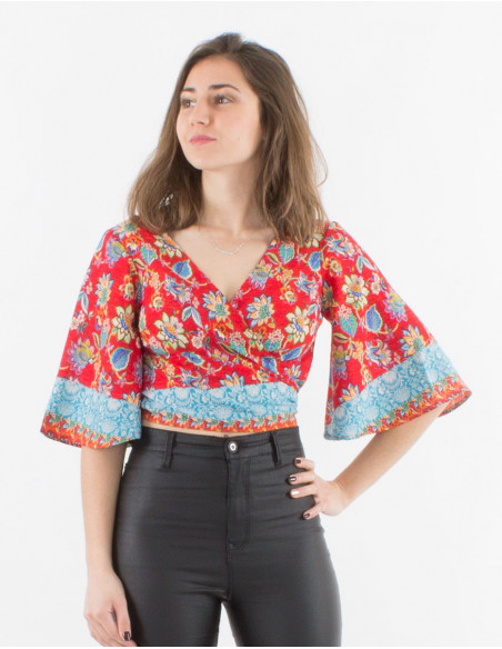 Top poliester mangas cortas estampado holi flower