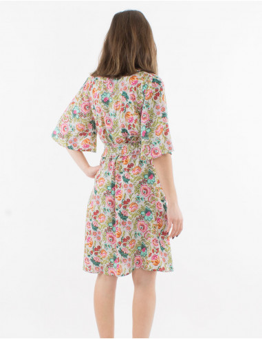 Vestido poliester mangas cortas estampado pivoine