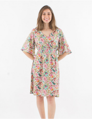 Vestido poliester mangas cortas estampado pivoine