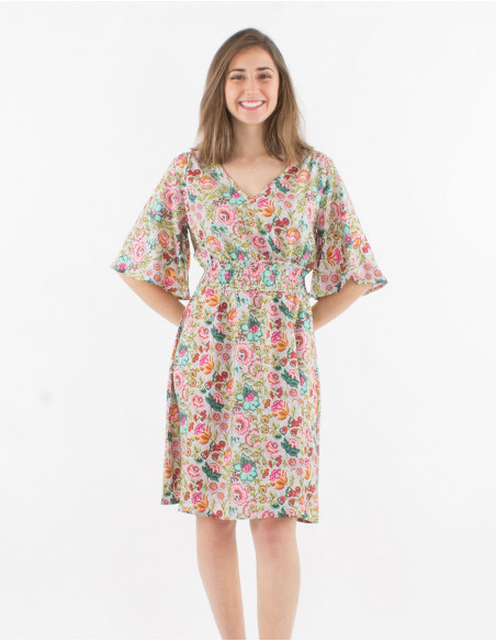 Vestido poliester mangas cortas estampado pivoine