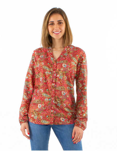 Blusa poliester con botones mangas largas estampado  cachemire dorado