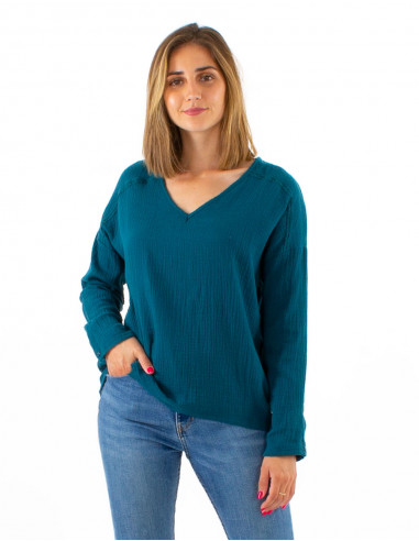 Blusa algodon doblada gasa cuello v