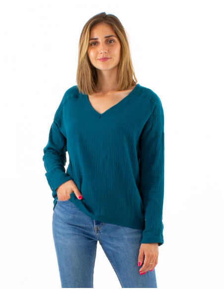 Blusa algodon doblada gasa cuello v