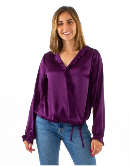 Blusa poliester satin cuello con volante