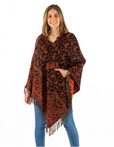 Poncho acrilico jacquard con  capucha pequeñas flores del punjab