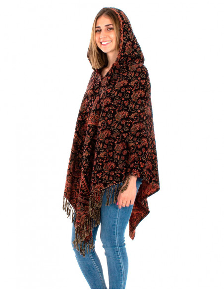 Poncho acrilico jacquard con  capucha pequeñas flores del punjab