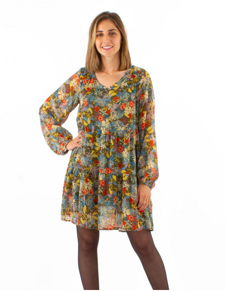 Vestido muselina de poliester doblado estampado viana