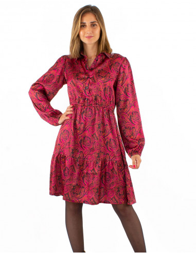 Vestido poliester satin cuello camisa estampado paisley