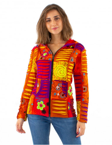 Chaqueta malla algodon patchwork y bordado con  capucha