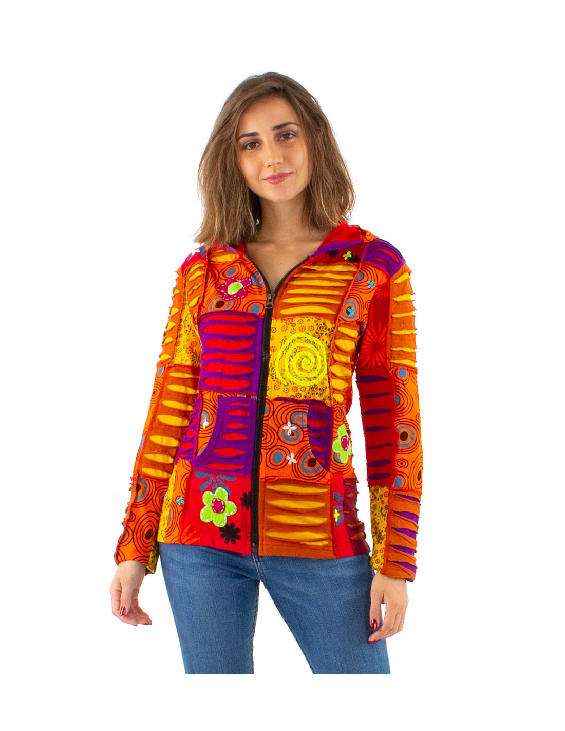 Chaqueta malla algodon patchwork y bordado con capucha | Übergangsjacken