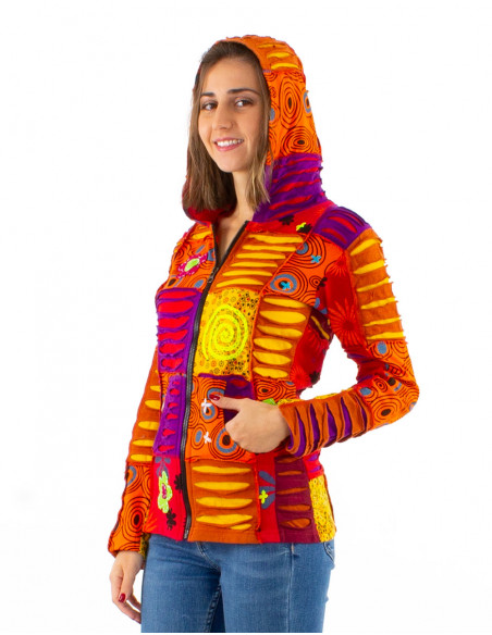Chaqueta malla algodon patchwork y bordado con  capucha