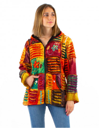 Chaqueta malla algodon patchwork sw bordado doblado polar con capucha