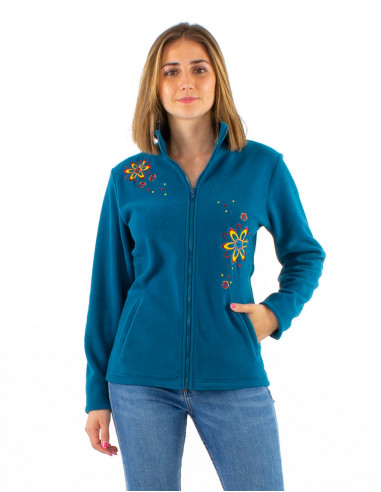 Chaqueta malla poliester polar cuello bordado flor