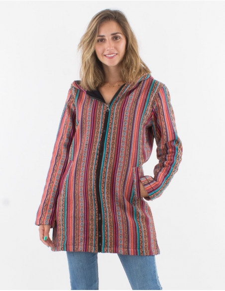 Abrigo algodon doblado polar  poliester zip con capucha raya gheri