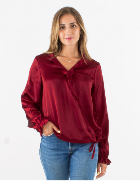 Blusa poliester satin cuello con volante