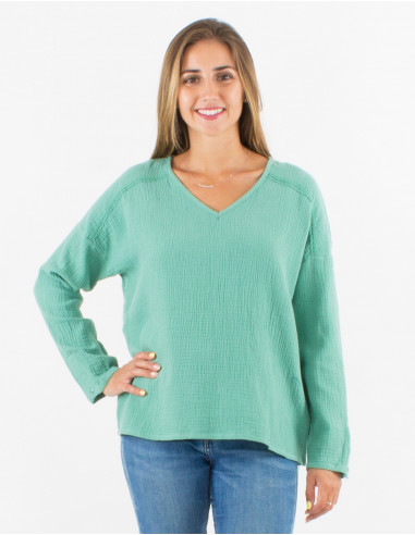 Blusa algodon doblada gasa cuello v