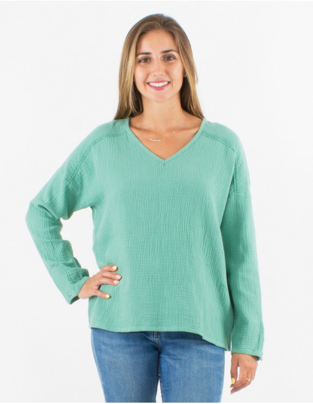 Blusa algodon doblada gasa cuello v