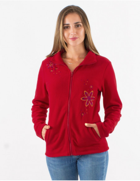 Chaqueta malla poliester polar cuello bordado flor