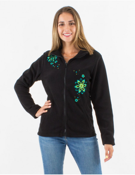 Chaqueta malla poliester polar cuello bordado flor