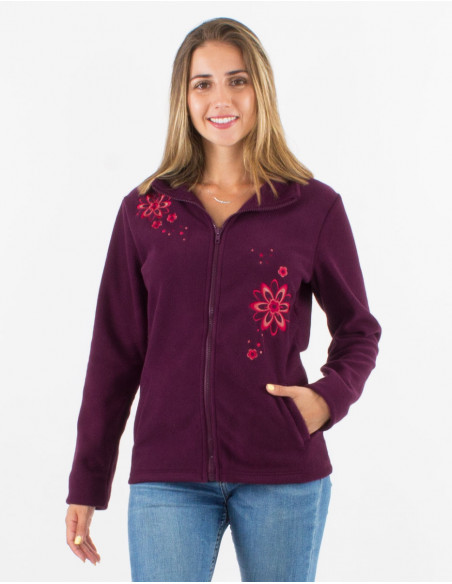 Chaqueta malla poliester polar cuello bordado flor