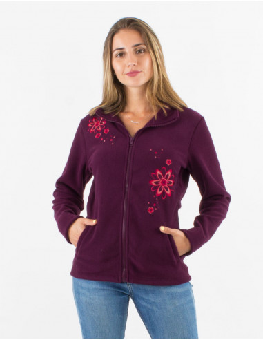 Chaqueta malla poliester polar cuello bordado flor