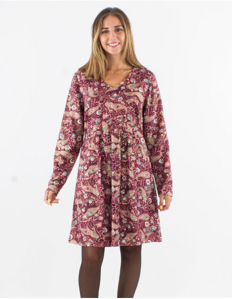 Vestido poliester doblado mangas largas estampado cachemire dorado