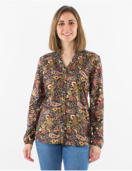Blusa poliester con botones mangas largas estampado  cachemire dorado