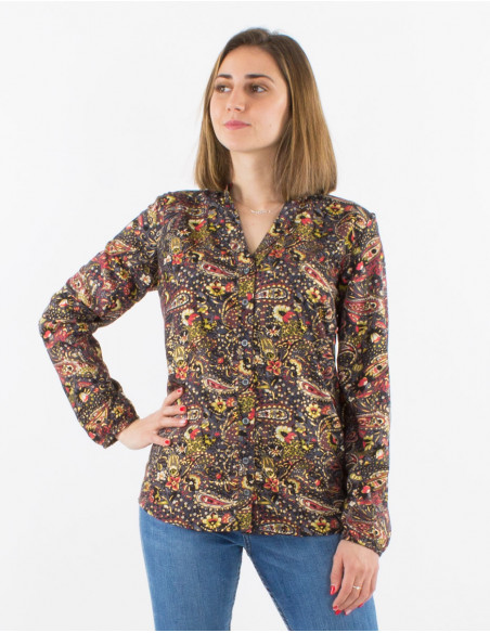 Blusa poliester con botones mangas largas estampado  cachemire dorado