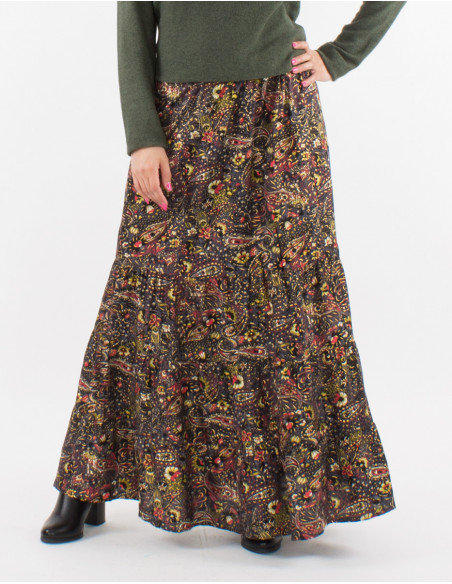 Falda poliester doblada con volantes estampado cachemire dorado