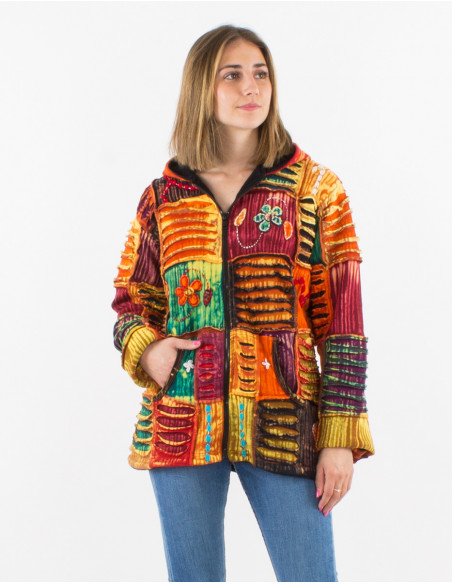 Chaqueta malla algodon patchwork sw bordado doblado polar con capucha