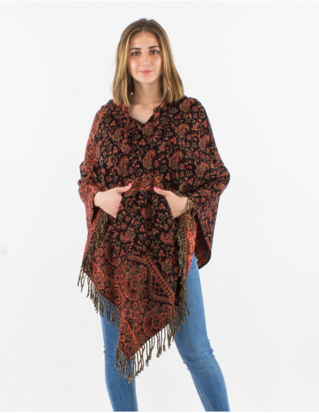 Poncho acrilico jacquard con  capucha pequeñas flores del punjab