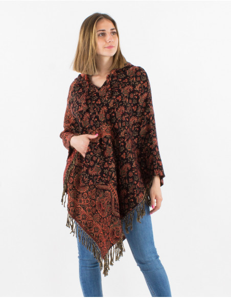Poncho acrilico jacquard con  capucha pequeñas flores del punjab