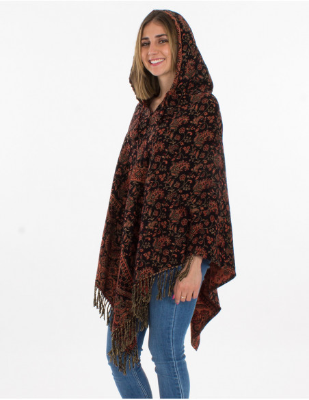 Poncho acrilico jacquard con  capucha pequeñas flores del punjab