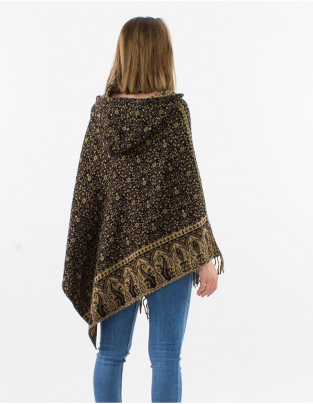 Poncho acrilico jacquard con  capucha pequeñas flores