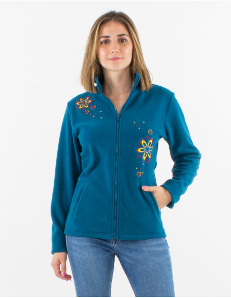 Chaqueta malla poliester polar cuello bordado flor