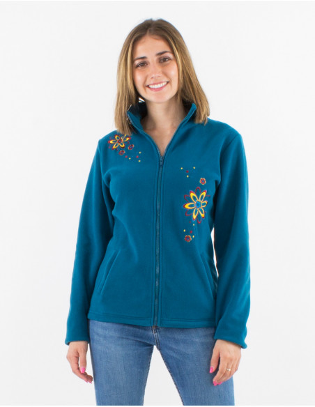 Chaqueta malla poliester polar cuello bordado flor