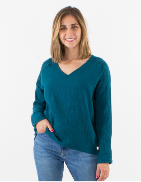 Blusa algodon doblada gasa cuello v