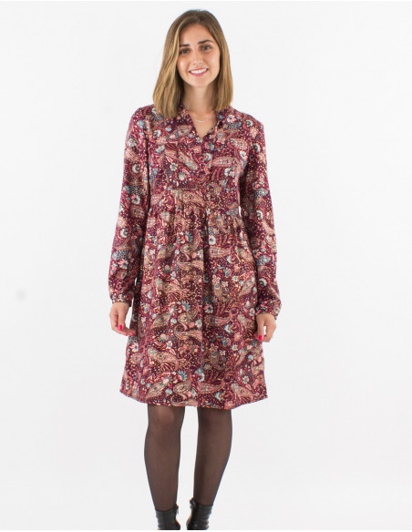 Vestido poliester doblado mangas largas estampado cachemire dorado