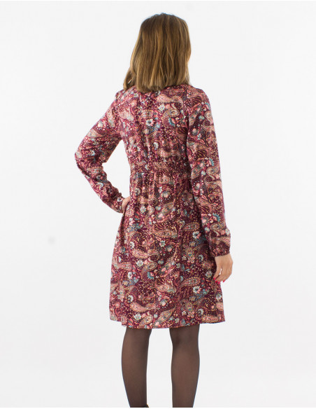 Vestido poliester doblado mangas largas estampado cachemire dorado