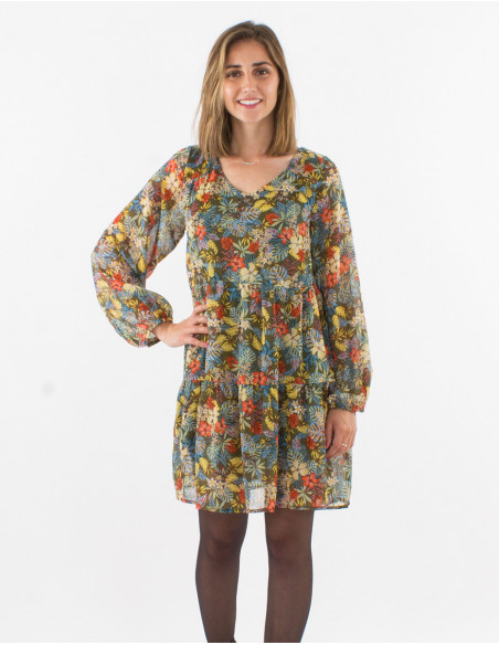 Vestido muselina de poliester doblado estampado viana