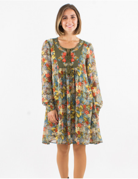 Vestido muselina de poliester doblado bordado estampado viana