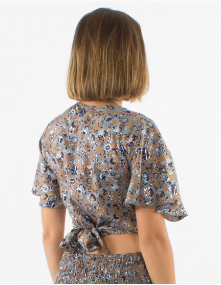 Top poliester mangas cortas sari estampado plata