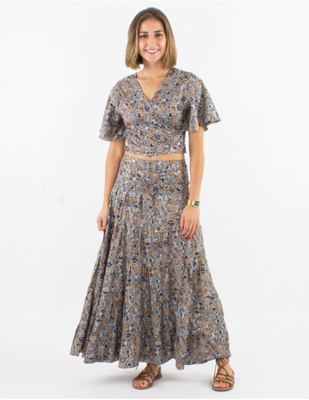 Top poliester mangas cortas sari estampado plata