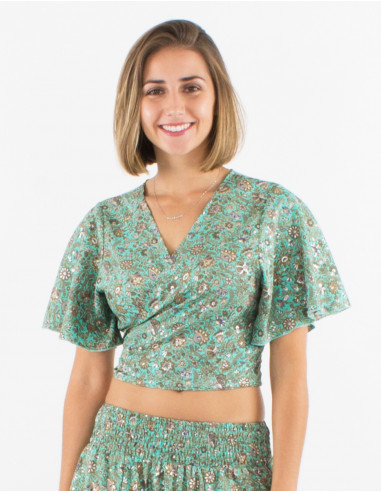 Top poliester mangas cortas sari estampado plata