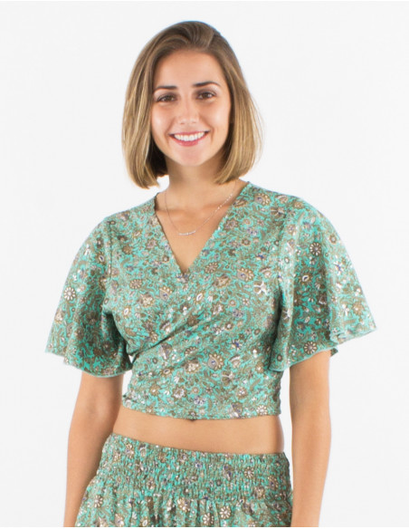 Top poliester mangas cortas sari estampado plata