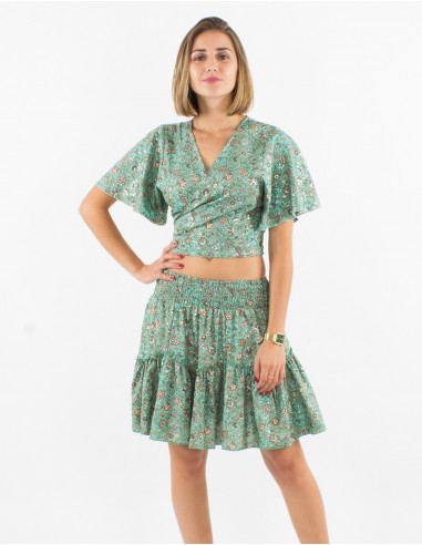 Top poliester mangas cortas sari estampado plata