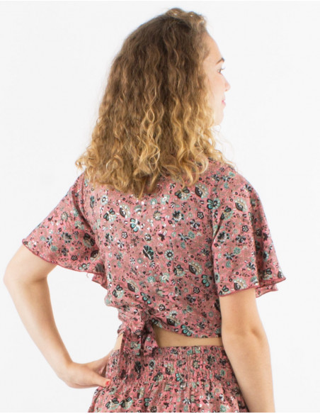 Top poliester mangas cortas sari estampado plata